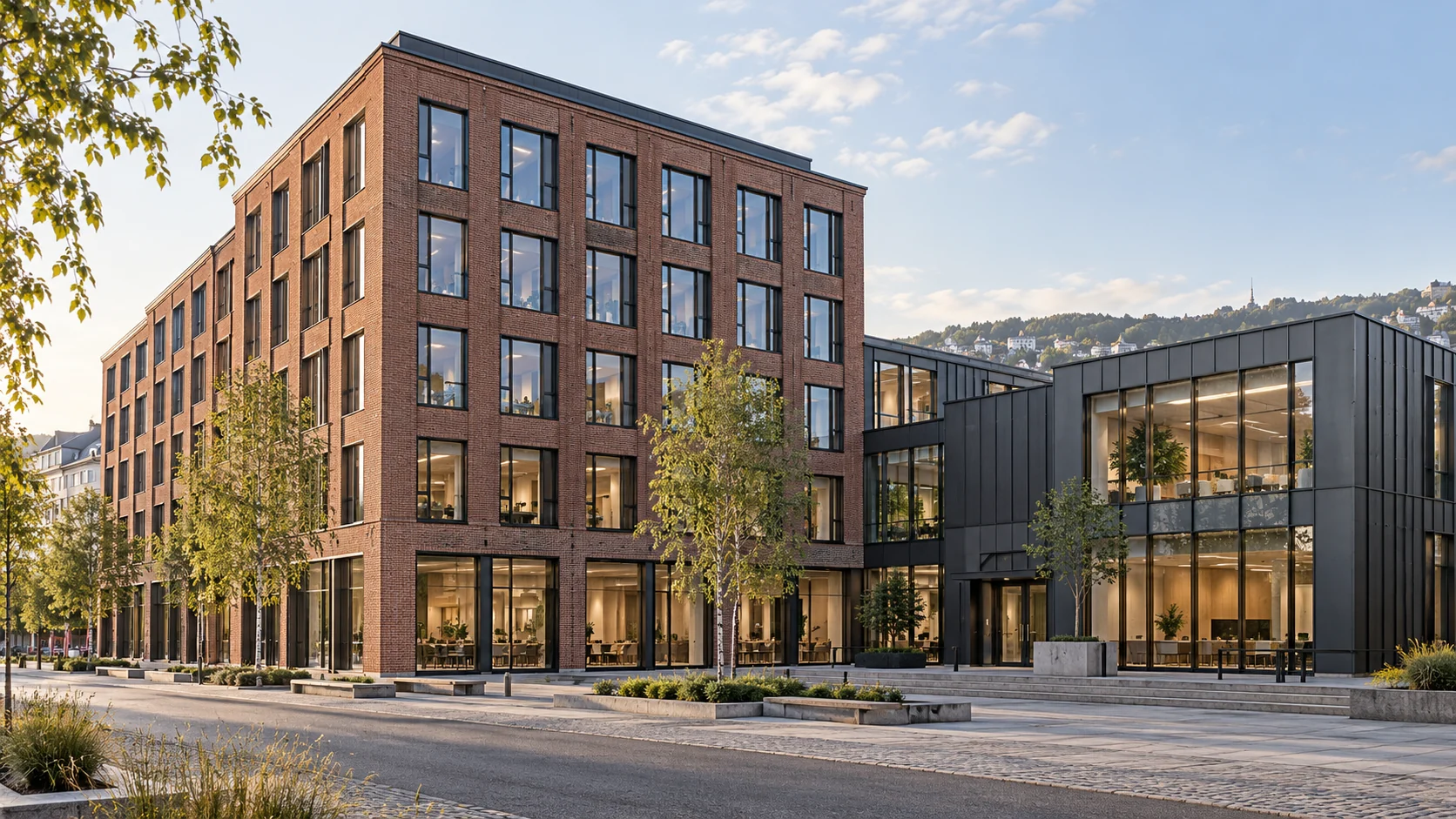 Illustrativ norsk næringseiendom med teglfasade og et moderne kontorbygg i glass og metall. KI-generert bilde.