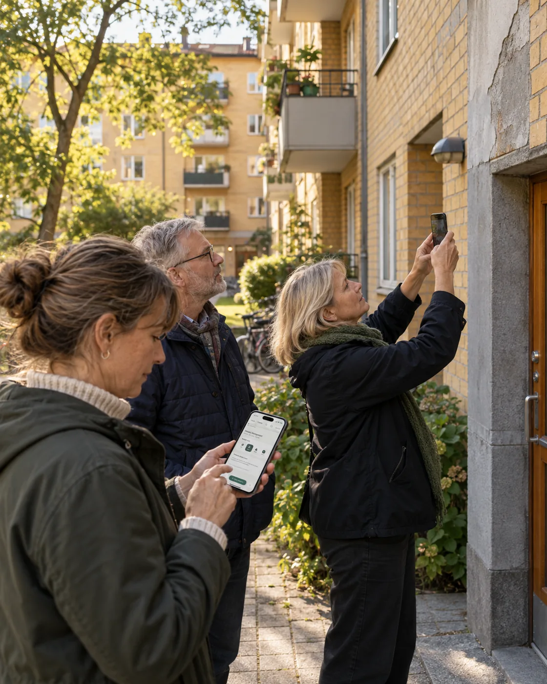 Illustrativt KI-generert bilde av styremedlemmer på befaring ved en nordisk boligblokk. En fotograferer inngangen, og en annen bruker mobilen.